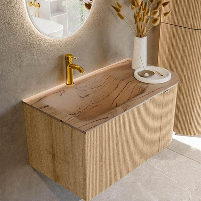 MONDIAZ KURVE-DLUX 85cm badmeubel ronding Rechts kleur Oak met 1 lade en 1 deur. Wastafel CLOUD Links 1 kraangat Arena.