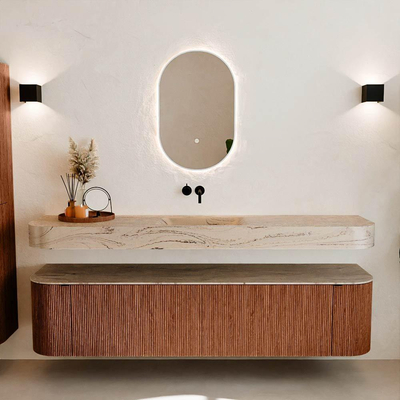 MONDIAZ THOR-DLUX Meuble de salle de bains - 190cm - arrondi gauche + droite - couleur Ruby - 2 tiroirs et 2 portes - Vasque suspendue CLOUD Milieu sans trou de robinet couleur Arena