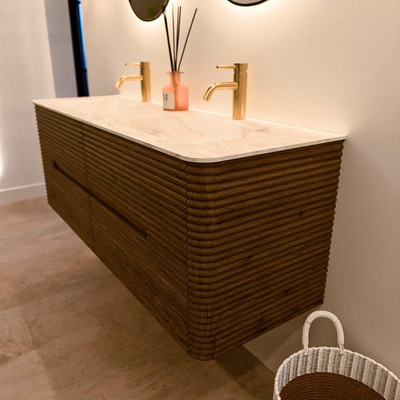 Mondiaz CIRO-DLUX Badkamermeubelset - 140x45x50cm - Solid surface wastafel Ostra - 2 wasbak Dubbel - 2 kraangaten - 4 lades - Dusk