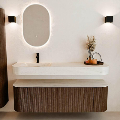 MONDIAZ THOR-DLUX 150cm meuble de salle de bains arrondi gauche + droite couleur Walnut avec 1 tiroir et 2 portes. Vasque suspendue CLOUD Gauche 1 trou de robinet couleur Meli.