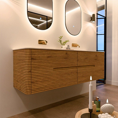 Mondiaz CIRO-DLUX Meuble de salle de bains - 160x45x50cm - Plan-vasque Solid Surface Meli - 2 cuves Double - sans trous de robinetterie - 4 tiroirs - Chêne