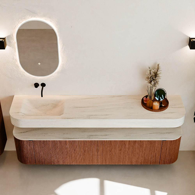 MONDIAZ THOR-DLUX 200cm meuble de salle de bains arrondi gauche + droite couleur Ruby avec 2 tiroirs et 2 portes. Vasque suspendue CLOUD Gauche sans trou de robinet couleur Meli.