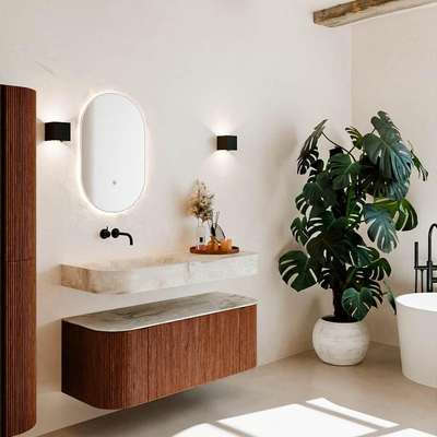 MONDIAZ THOR-DLUX 120cm meuble de salle de bains arrondi gauche + droite couleur Ruby avec 1 tiroir et 2 portes. Vasque suspendue CLOUD Gauche sans trou de robinet couleur Frappe.