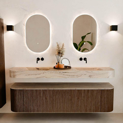 MONDIAZ THOR-DLUX 180cm meuble de salle de bains arrondi gauche + droite couleur Walnut avec 2 tiroirs et 2 portes. Vasque suspendue CLOUD Double sans trou de robinet couleur Arena.