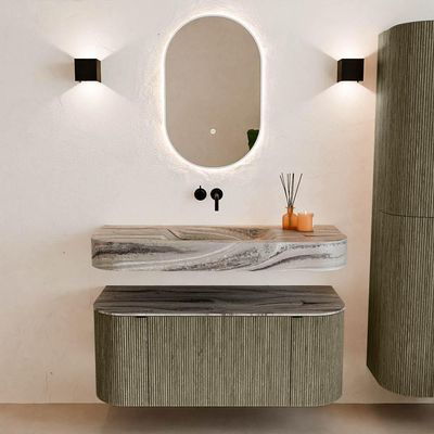 MONDIAZ THOR-DLUX Meuble de salle de bains 110cm arrondi gauche + droite couleur Shadow avec 1 tiroir et 2 portes. Vasque suspendue CLOUD Milieu sans trou de robinet couleur Sombra.