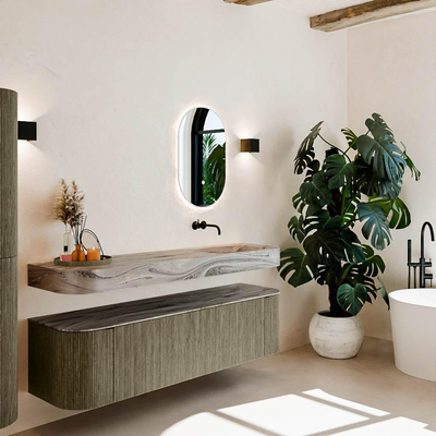 MONDIAZ THOR-DLUX Meuble de salle de bains 170cm arrondi gauche + droite couleur Shadow avec 1 tiroir et 2 portes. Vasque suspendue CLOUD Droite sans trou de robinet couleur Sombra.