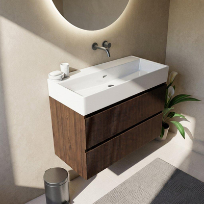 Saniclass Holz Atelier Ensemble de meubles de salle de bains - 100x45x72cm - Legend lavabo en céramique blanc - 1 vasque - sans trou de robinet - 2 tiroirs - chêne charcoal mat (bois)