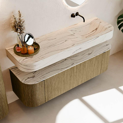 MONDIAZ THOR-DLUX 150cm meuble de salle de bains arrondi gauche + droite couleur Dusk avec 1 tiroir et 2 portes. Vasque suspendue CLOUD Droite sans trou de robinet couleur Nata.