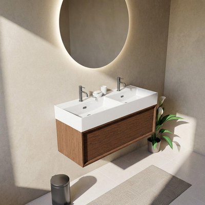 Saniclass Holz Frame Ensemble meuble de salle de bains - 120x45x52cm - Legend lavabo en céramique blanc - 2 vasques - 2 trous de robinetterie - 1 tiroir - mat walnut pure (bois)
