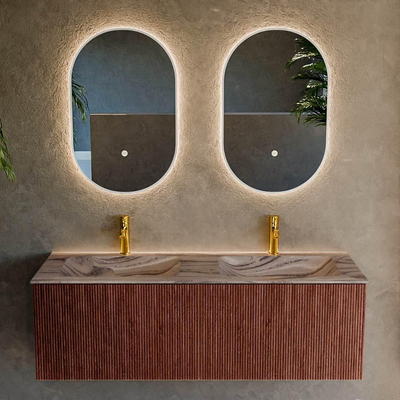 MONDIAZ KURVE-DLUX Meuble de salle de bains 130cm couleur Ruby avec 2 tiroirs et 0 portes. Lavabo LEAF Double 2 trous de robinet Sombra.