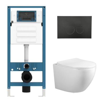 Adema Salina 2.0 Toiletset - 48.5x36x32cm - diepspoel - spoelrandloos - QeramiQ inbouwreservoir - softclose - quickrelease - toiletzitting - mat zwarte kunststof bedieningsplaat - ronde knoppen - wit