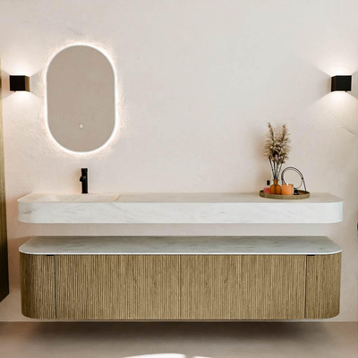 MONDIAZ THOR-DLUX 200cm meuble de salle de bains arrondi gauche + droite couleur Dusk avec 2 tiroirs et 2 portes. Vasque suspendue CLOUD gauche 1 trou de robinet couleur Opalo.