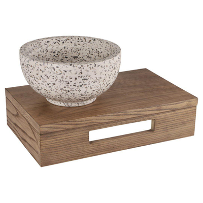 Differnz fontein – 40x25x10 cm – terrazzo zwart-wit – zonder kraan – met bruin eiken frame