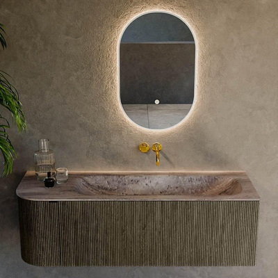 MONDIAZ KURVE-DLUX Meuble de salle de bains 135cm arrondi à gauche couleur Shadow avec 1 tiroir et 1 porte. Lavabo BIG MEDIUM à droite sans trou de robinet Oza.