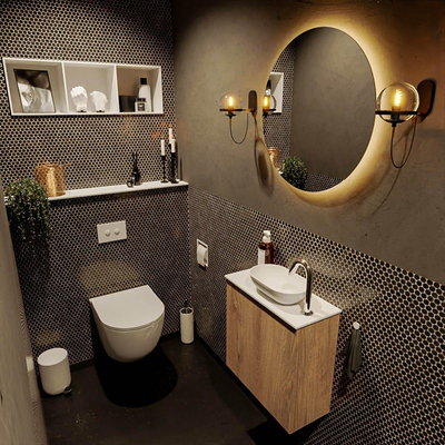 Mondiaz Fowy meuble de toilette - 50x50x23cm - chêne blanchi mat - 1 trou de robinet - lavabo à droite - 1 porte - solid surface - plan Mélamine - lavabo : blanc