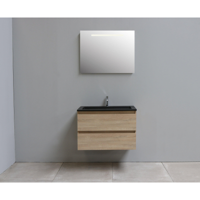 Basic Bella Badkamermeubelset - 80x55x46cm - 1 wasbak - Acryl - Zwart - 1 kraangat - Wandspiegel met verlichting - MDF Eiken SHOWROOMMODEL