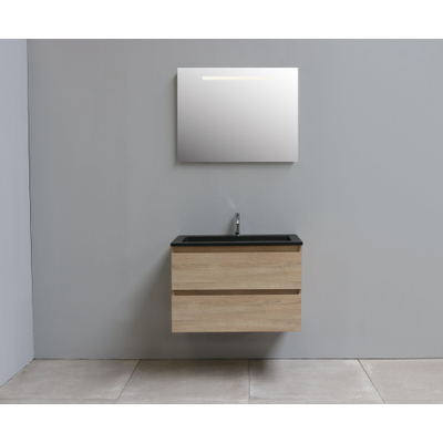 Basic Bella Meuble salle de bains avec lavabo acrylique Noir 80x55x46cm 1 trou de robinet avec miroir et éclairage Chêne