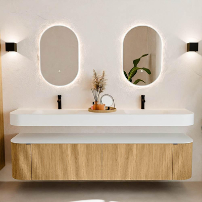 MONDIAZ THOR 200cm meuble de salle de bains arrondi gauche + droite couleur Oak avec 2 tiroirs et 2 portes. Vasque suspendue CLOUD Double 2 trous de robinet couleur Talc.