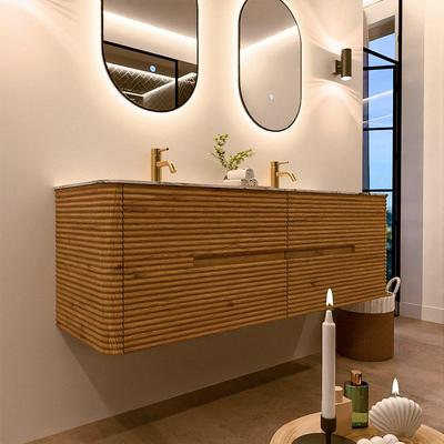 Mondiaz CIRO-DLUX Meuble de salle de bains - 150x45x50cm - plan vasque en solid surface Glace - 2 vasques Double - 2 trous de robinetterie - 4 tiroirs - Chêne