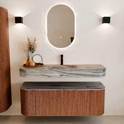 MONDIAZ THOR-DLUX Meuble de salle de bains 130cm arrondi gauche + droite couleur Ruby avec 1 tiroir et 2 portes. Vasque suspendue CLOUD Milieu 1 trou de robinet couleur Sombra.