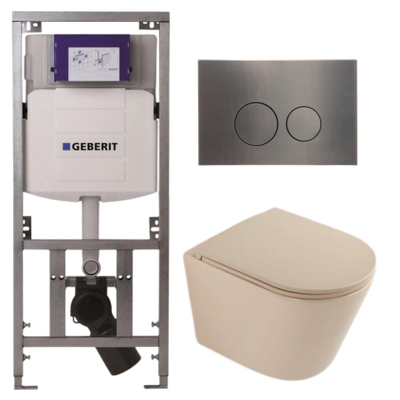 QeramiQ Dely Pack WC - 36,3x51,7cm - à fond creux - sans bride - réservoir encastré Geberit UP320 - abattant WC à fermeture douce - plaque de déclenchement gunmetal - boutons ronds - beige mat
