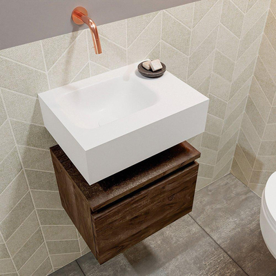 MONDIAZ ANDOR Meuble WC - 40x30x30cm - 0 trous de robinet - 1 tiroirs - brun foncé mat - vasque à gauche - Solid surface - Blanc