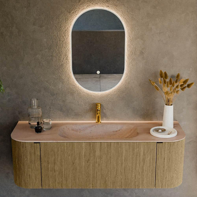 MONDIAZ KURVE-DLUX 140cm badmeubel ronding Links + Rechts kleur Dusk met 1 lade en 2 deuren. Wastafel BIG SMALL Midden 1 kraangat Saba.