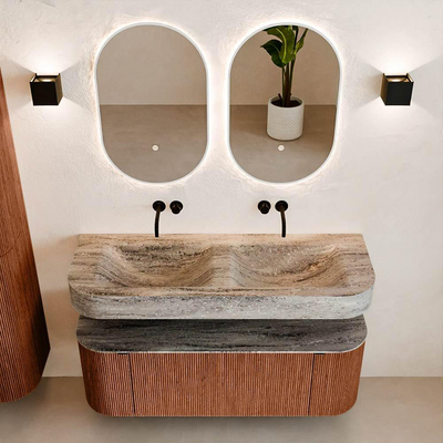 MONDIAZ THOR-DLUX 130cm meuble de salle de bains arrondi gauche + droite couleur Ruby avec 1 tiroir et 2 portes. Vasque suspendue CLOUD Double sans trou de robinet couleur Oza.