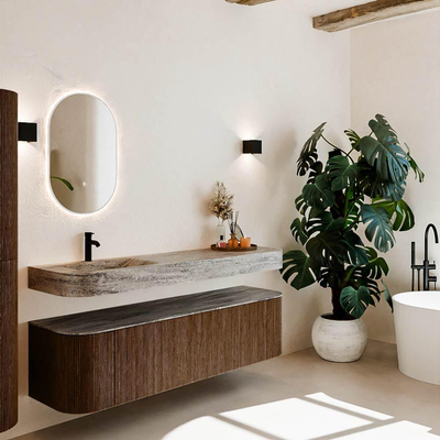 MONDIAZ THOR-DLUX Meuble de salle de bains 170cm arrondi gauche + droite couleur Walnut avec 1 tiroir et 2 portes. Vasque suspendue CLOUD Gauche 1 trou de robinet couleur Oza.