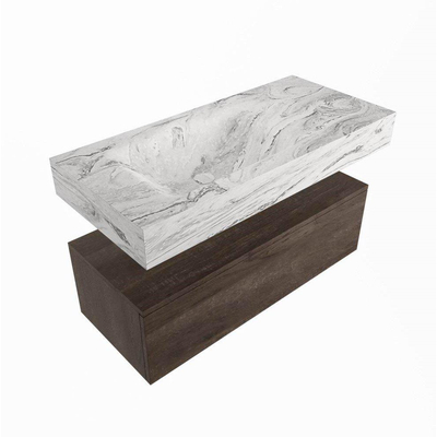 Mondiaz ALAN-DLUX 100cm meuble de salle de bain sous-vasque Marron Foncé 1 tiroir. Lavabo suspendu CLOUD gauche sans trou de robinet, couleur Glace