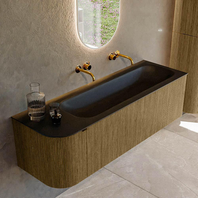 Mondiaz KURVE Ensemble de meuble de salle de bains - 145x46x40cm - 1 tiroir - 1 porte - vasque solid surface - droite - sans trou de robinet - Dusk