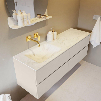 Mondiaz VICA-DLUX ensemble de meuble de salle de bain - 150cm - meuble sous-vasque lin - 4 tiroirs - lavabo encastrée nuage gauche - sans trous de robinet - version haute de 60cm - opalo