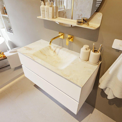 MONDIAZ VICA-DLUX Ensemble meuble de salle de bains - 100cm - sous-meuble talc - 2 tiroirs - lavabo encastré cloud centré - sans trous de robinet - version haute 60cm - frape