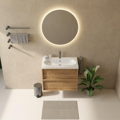 Saniclass Holz Frame Ensemble de meubles de salle de bains - 80x45x63.5cm - lavabo en céramique Palermo blanc - 1 vasque - 1 trou de robinetterie - 2 tiroirs - chêne natural mat (bois)