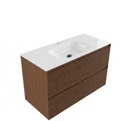 Saniclass Holz Atelier Badkamermeubelset - 100x45x61.5cm - Flow solid surface wastafel wit - 1 wasbak - 1 kraangat - 2 lades - mat walnut pure (hout)