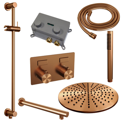 BRAUER Copper Edition Thermostatische Regendouche inbouw - drukknoppen - SET 62 - 30cm hoofddouche - rechte muurarm - staaf handdouche - doucheslang - geïntegreerde glijstang - koper geborsteld PVD