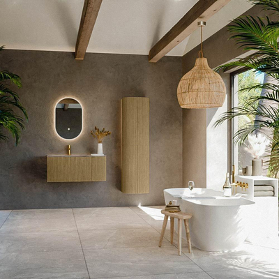 MONDIAZ KURVE-DLUX Meuble de salle de bains 95cm arrondi à droite couleur Dusk avec 1 tiroir et 1 porte. Lavabo BIG SMALL à gauche 1 trou de robinet Sombra.