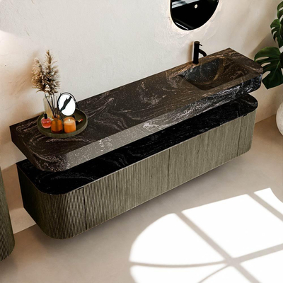 MONDIAZ THOR-DLUX 190cm meuble de salle de bains arrondi gauche + droite couleur Shadow avec 2 tiroirs et 2 portes. Vasque suspendue CLOUD Droite 1 trou de robinet couleur Lava.