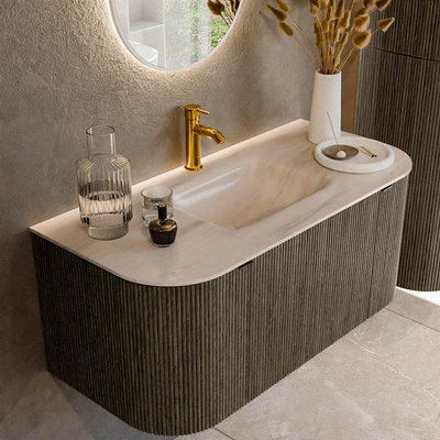 MONDIAZ KURVE-DLUX Meuble de salle de bains 100cm arrondi Gauche + Droite couleur Shadow avec 1 tiroir et 2 portes. Lavabo GRUNNE Central 1 trou de robinet Meli.