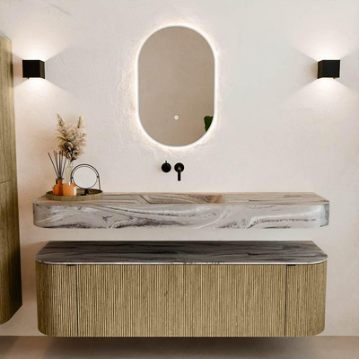 MONDIAZ THOR-DLUX 160cm meuble de salle de bains arrondi gauche + droite couleur Dusk avec 1 tiroir et 2 portes. Vasque suspendue CLOUD Milieu sans trou de robinet couleur Sombra.