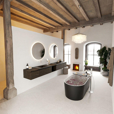 MONDIAZ BUKLA 280cm badmeubel met open module 40 midden kleur Dark Brown met 4 lades. Wastafel CLOUD dubbel 0 kraangaten kleur Urban.