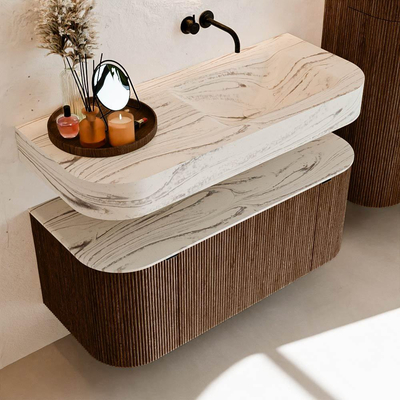 MONDIAZ THOR-DLUX 110cm badmeubel ronding links + rechts kleur Walnut met 1 lade en 2 deuren. Vrijhangende wastafel CLOUD Rechts zonder kraangat kleur Nata.