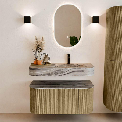 MONDIAZ THOR-DLUX 100cm meuble de salle de bains arrondi gauche + droite couleur Dusk avec 1 tiroir et 2 portes. Vasque suspendue CLOUD Droite 1 trou de robinet couleur Sombra.