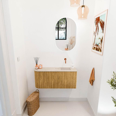 Mondiaz JOYA-DLUX 91.6cm toiletmeubel - ronding links kleur Oak - Wastafel FAYE positie Rechts Zonder kraangat kleur Frappe.