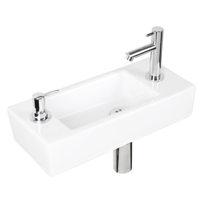 Differnz Sapon kit lave-mains - 42x18.5x9cm - Rectangulaire - 1 trou de robinet - eau chaude/froide - Chrome - Céramique Blanche