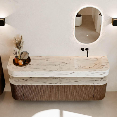 MONDIAZ THOR-DLUX 180cm badmeubel ronding links + rechts kleur Walnut met 2 lades en 2 deuren. Vrijhangende wastafel CLOUD Rechts zonder kraangat kleur Nata.