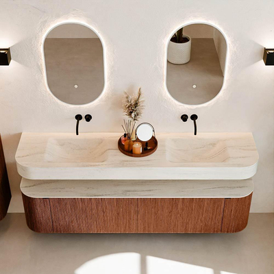 MONDIAZ THOR-DLUX Meuble de salle de bains 190cm arrondi gauche + droite couleur Ruby avec 2 tiroirs et 2 portes. Vasque suspendue CLOUD Double sans trou de robinet couleur Meli.