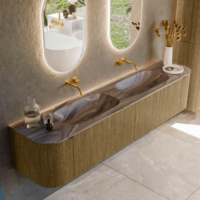 MONDIAZ KURVE-DLUX Meuble de salle de bains 200cm arrondi Gauche + Droite couleur Dusk avec 2 tiroirs et 2 portes. Lavabo STOR SMALL Double sans trou de robinet Sombra.