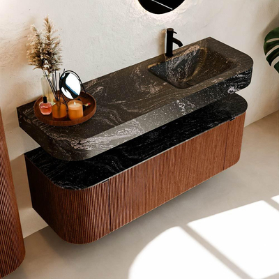 MONDIAZ THOR-DLUX 140cm meuble de salle de bains arrondi gauche + droite couleur Ruby avec 1 tiroir et 2 portes. Vasque suspendue CLOUD Droite 1 trou de robinet couleur Lava.