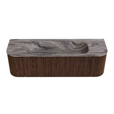 MONDIAZ KURVE-DLUX Meuble de salle de bains 150cm arrondi Gauche + Droite couleur Walnut avec 1 tiroir et 2 portes. Lavabo BIG MEDIUM Milieu 1 trou de robinet Sombra.